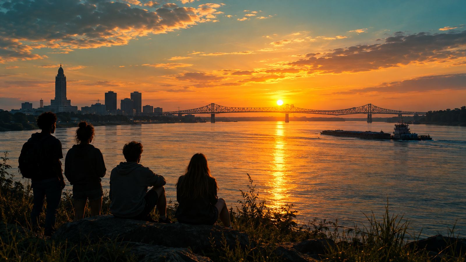 Sunrise over the Mississippi River in Baton Rouge with young people on the riverbank