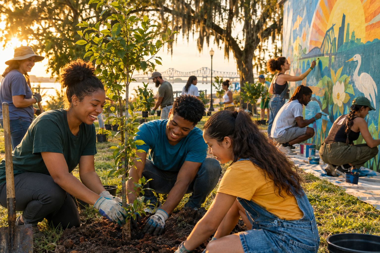 Young people and volunteers planting trees together at a community gathering in a Louisiana park