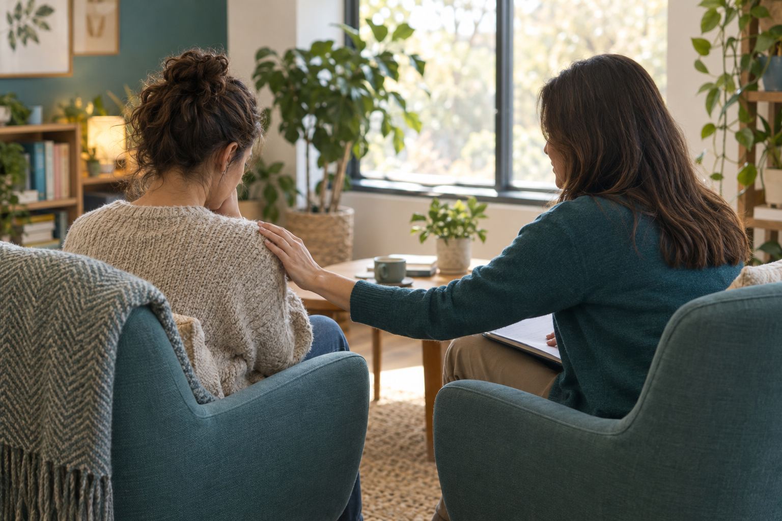 A counselor and young adult in a bright, welcoming counseling room