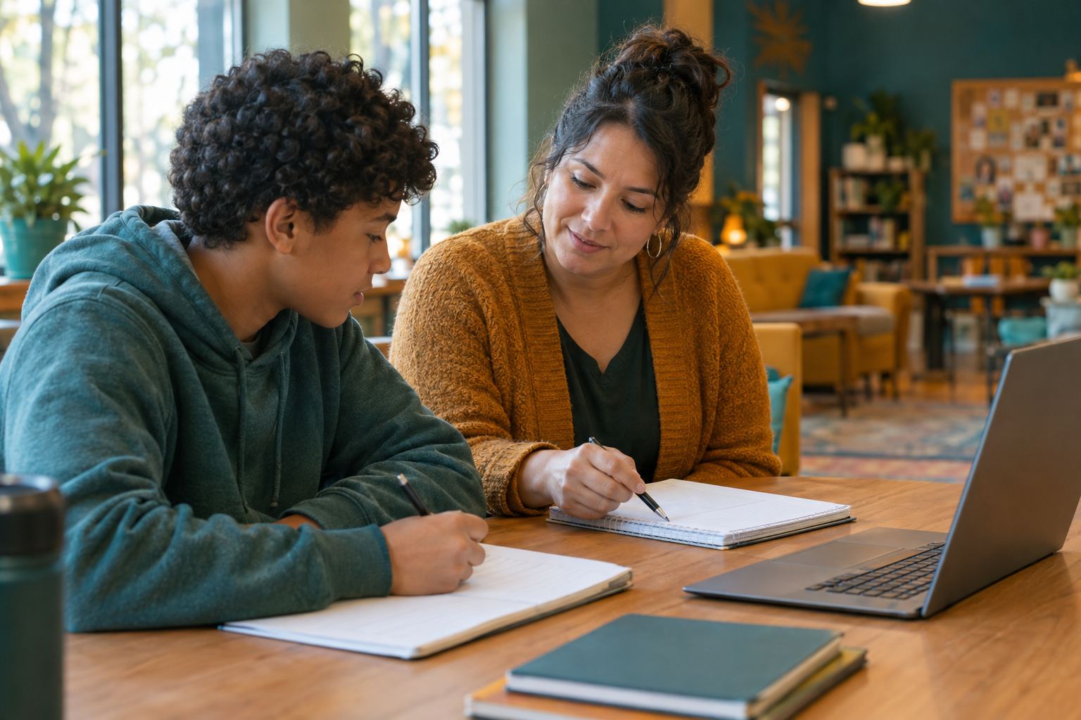 A mentor and teenage student working together on schoolwork at a community center